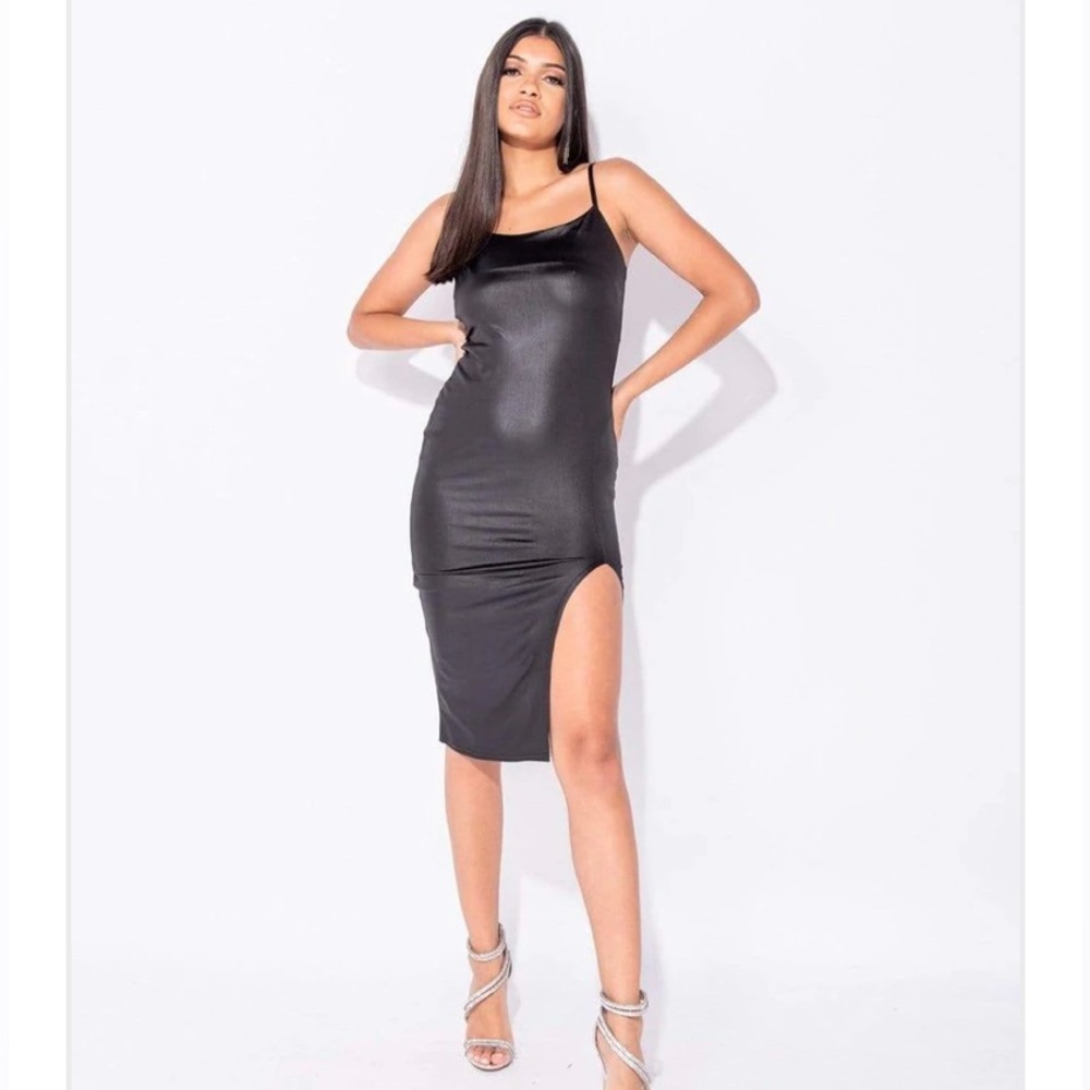 Spaghetti strap little black dress with slit on the side